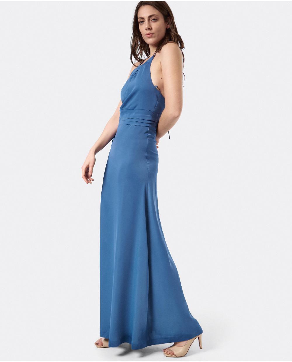 Cuplé VESTIDO FIESTA ESCOTE HALTER SATEN AZUL PETROLEO Grandes descuentos