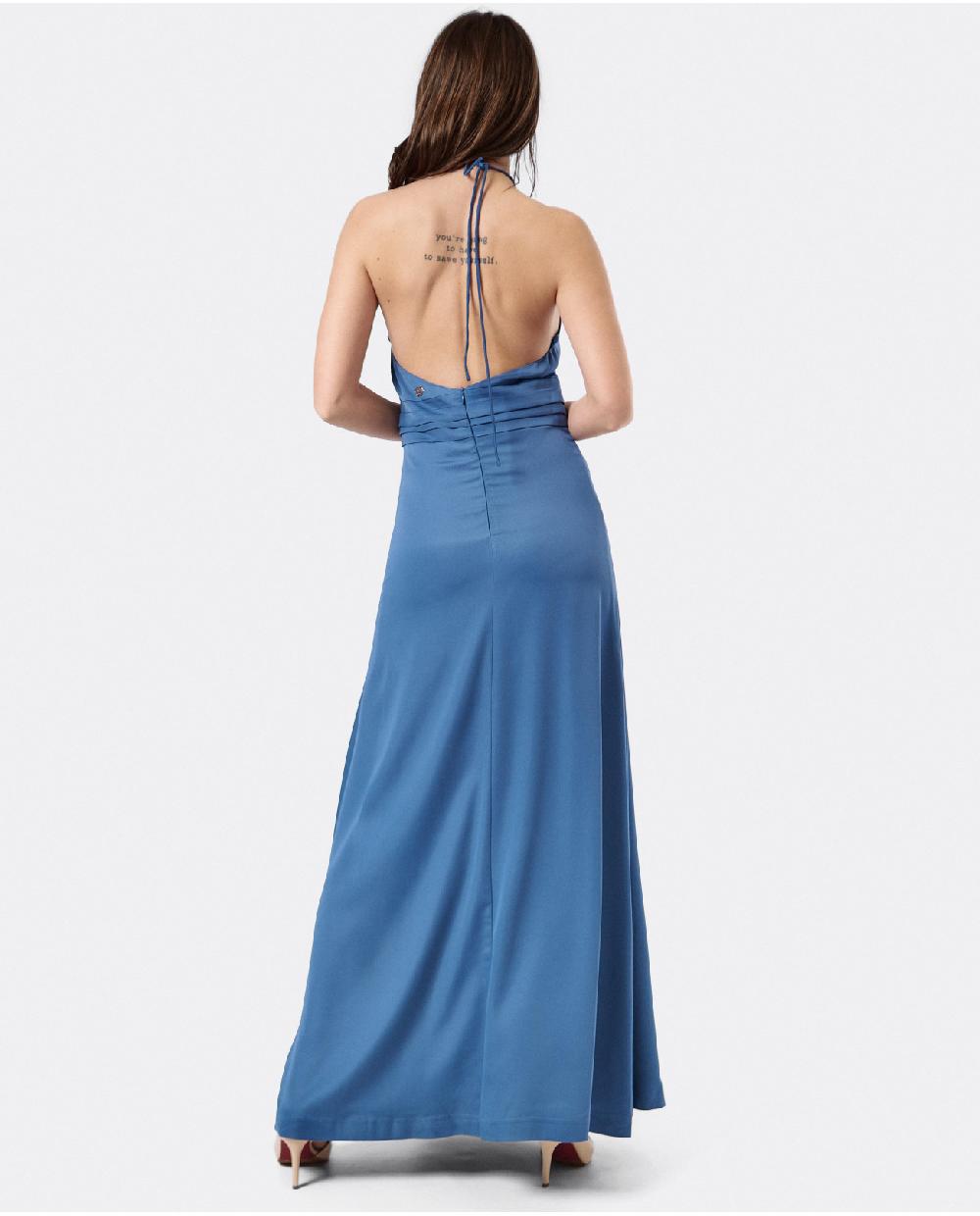 Cuplé VESTIDO FIESTA ESCOTE HALTER SATEN AZUL PETROLEO Grandes descuentos