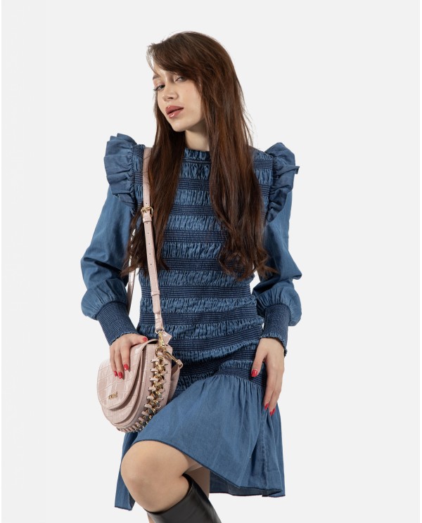 Cuplé VESTIDO CORTO ELÁSTICO DE DENIM AZUL CON VOLANTES Descuento por venta flash