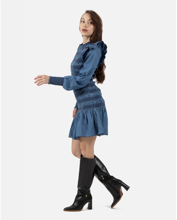 Cuplé VESTIDO CORTO ELÁSTICO DE DENIM AZUL CON VOLANTES Descuento por venta flash