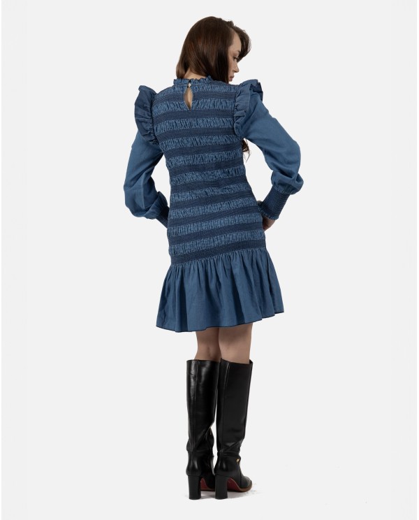 Cuplé VESTIDO CORTO ELÁSTICO DE DENIM AZUL CON VOLANTES Descuento por venta flash