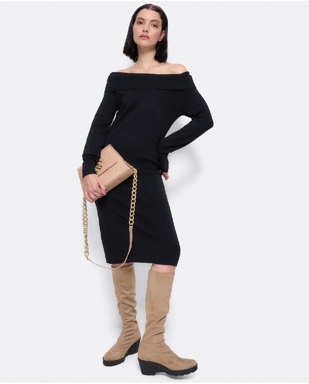 Cuplé VESTIDO MIDI ESCOTE DRAPEADO PUNTO NEGRO Oferta especial de fábrica