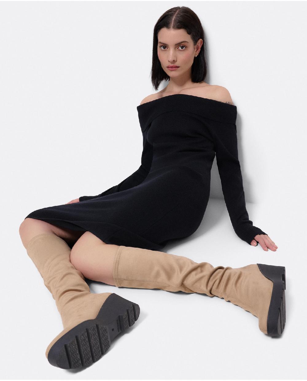 Cuplé VESTIDO MIDI ESCOTE DRAPEADO PUNTO NEGRO Oferta especial de fábrica