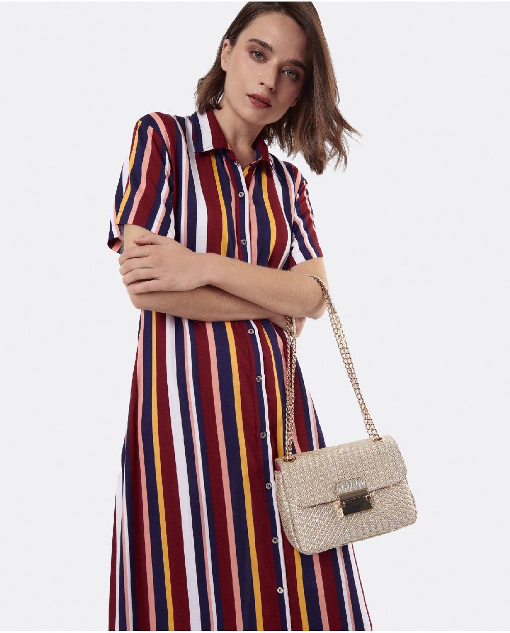 Cuplé VESTIDO CAMISERO LARGO VISCOSA RAYAS ROJAS Tienda