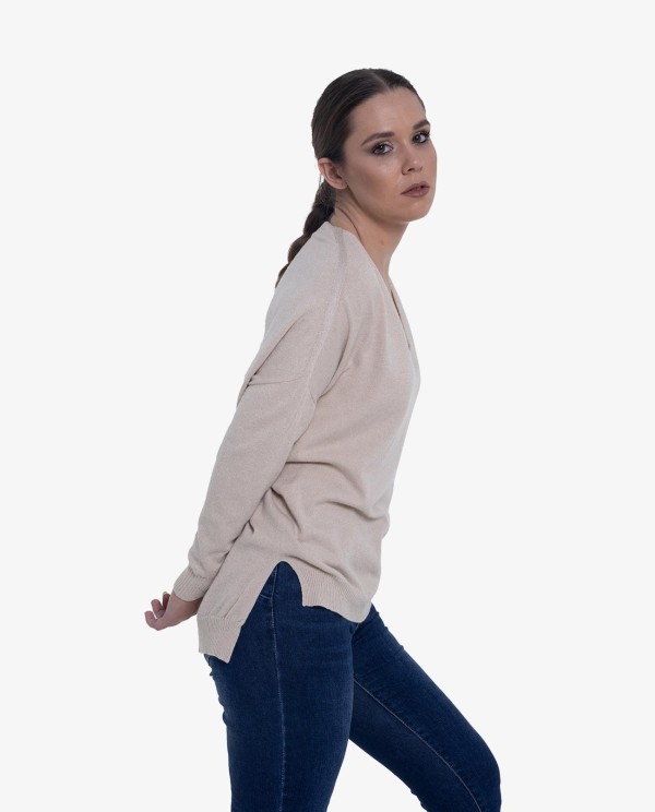 Cuplé JERSEY DE PUNTO BEIGE CON ESCOTE EN PICO Y TEJIDO SUAVE Outlet online