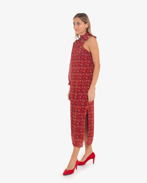 Cuplé VESTIDO MIDI ASIMÉTRICO DE GASA CON ESTAMPADO FLORAL Y UNA MANGA Venta caliente