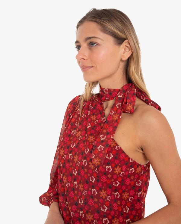 Cuplé VESTIDO MIDI ASIMÉTRICO DE GASA CON ESTAMPADO FLORAL Y UNA MANGA Venta caliente