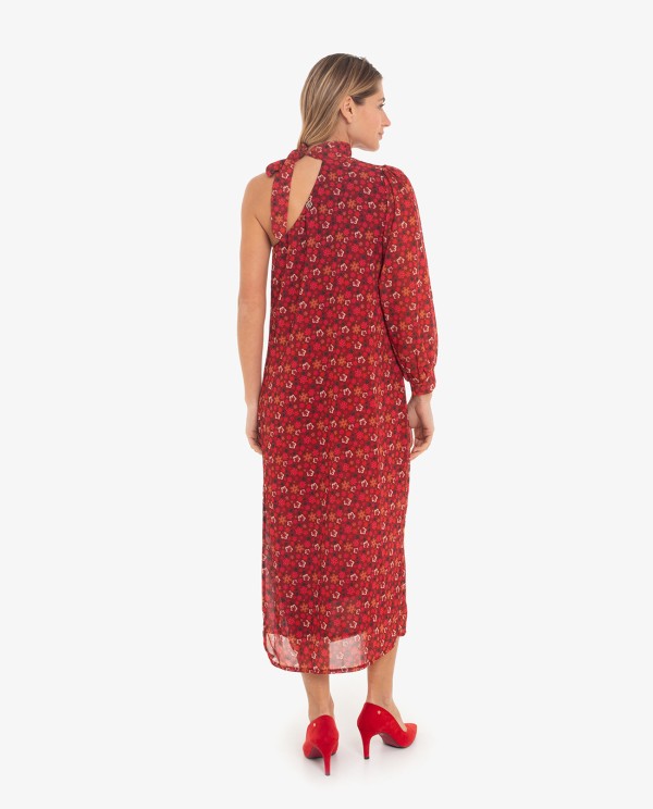 Cuplé VESTIDO MIDI ASIMÉTRICO DE GASA CON ESTAMPADO FLORAL Y UNA MANGA Venta caliente