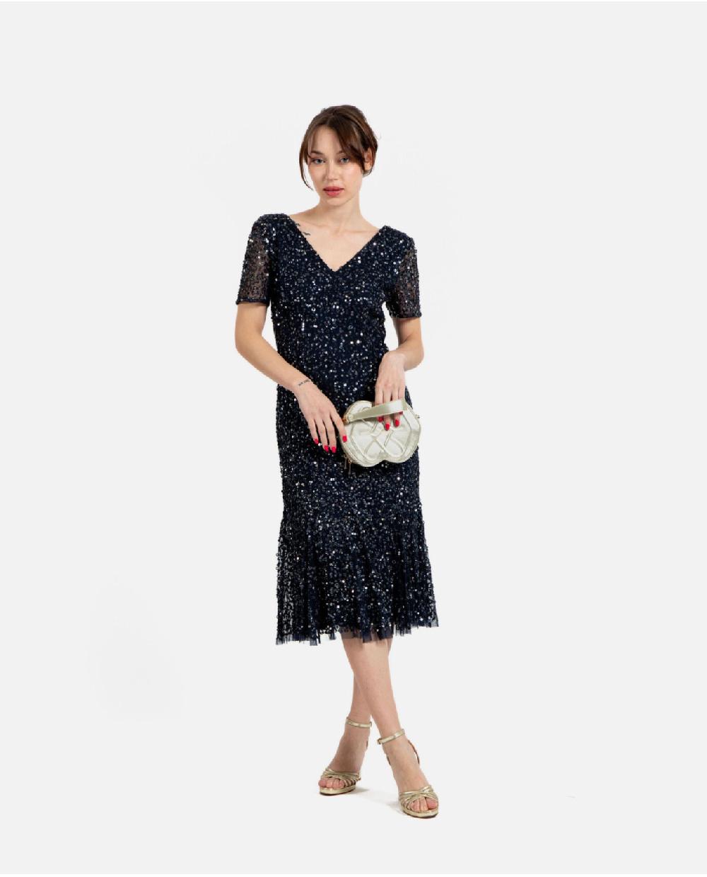 Cuplé VESTIDO MIDI VOLANTE LENTEJUELAS MARINO Últimos 2 días