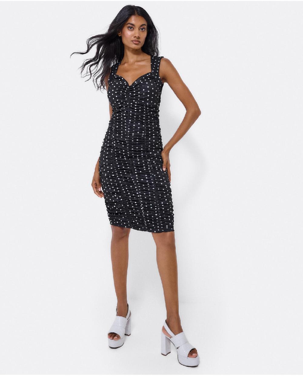 Cuplé VESTIDO AJUSTADO DRAPEADO PUNTO LUNARES BLANCO NEG Superdescuento