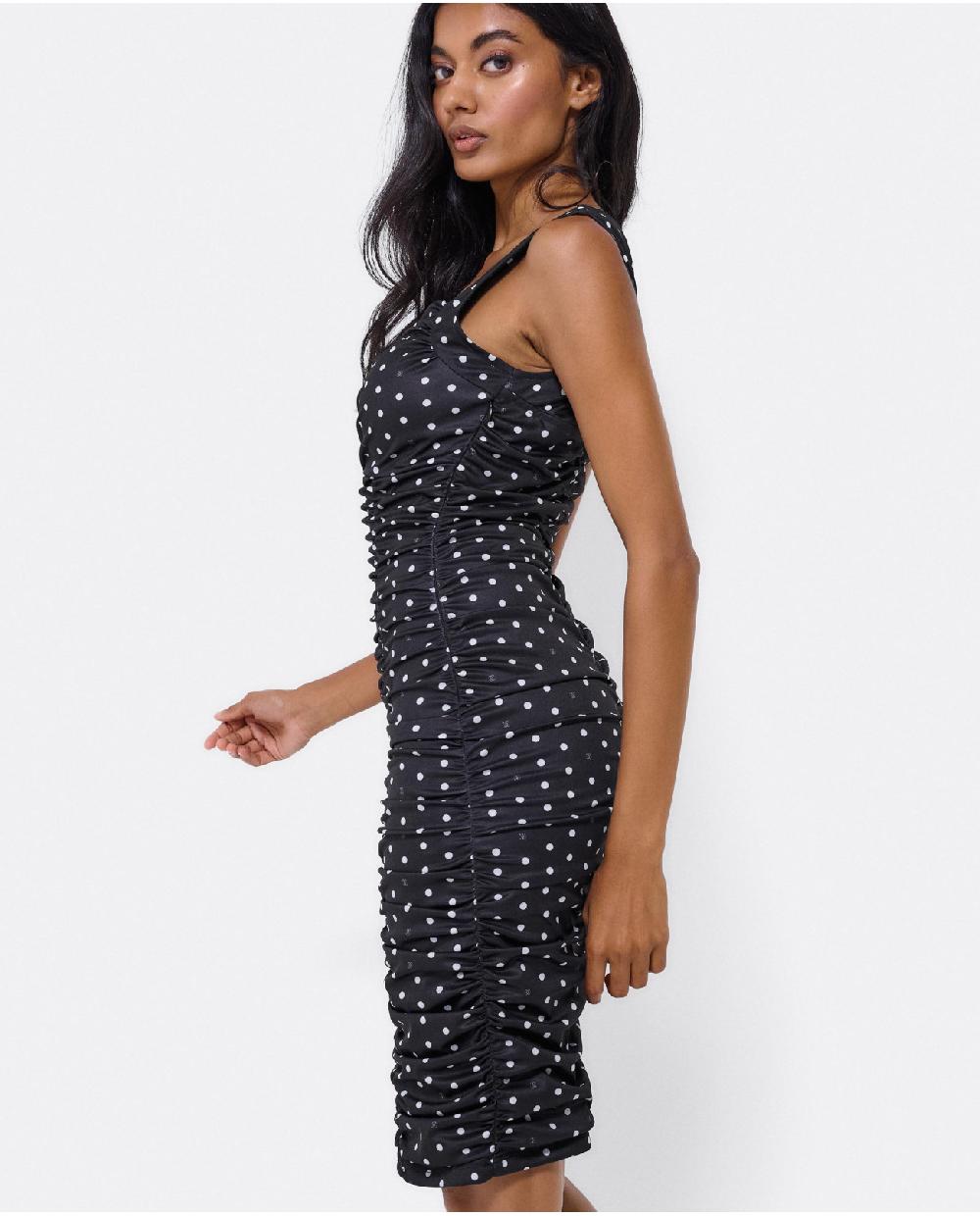 Cuplé VESTIDO AJUSTADO DRAPEADO PUNTO LUNARES BLANCO NEG Superdescuento