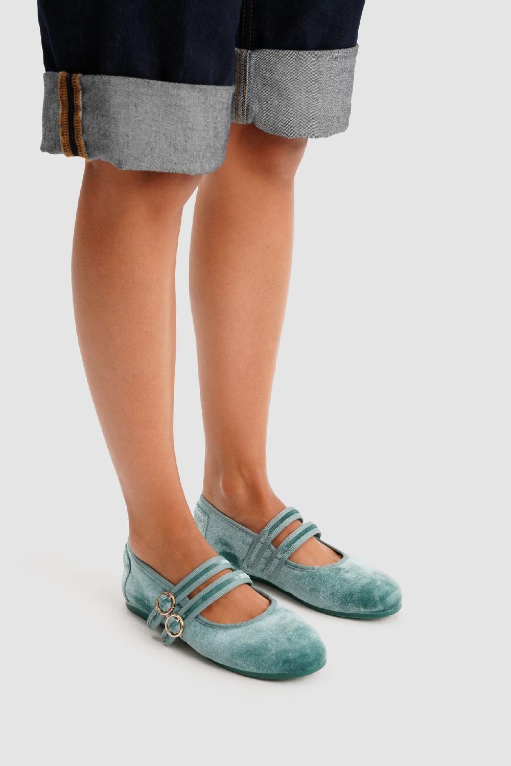 paez MARY JANE DOUBLE STRAP VELVET BERYL GREEN Libre de impuestos