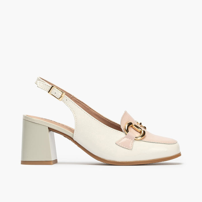 pitillos Zapatos de salón de mujer destalonado en piel charol con adorno hebilla metálica y tacón bloque BLANCO Rebajas