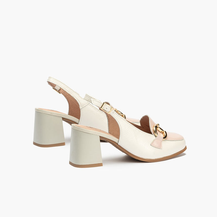 pitillos Zapatos de salón de mujer destalonado en piel charol con adorno hebilla metálica y tacón bloque BLANCO Rebajas