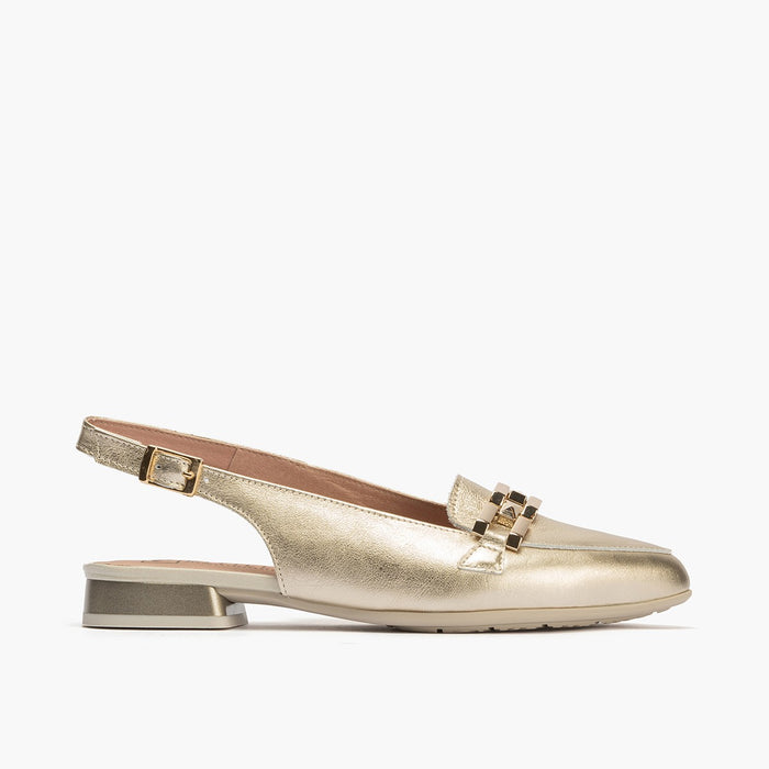 pitillos Mocasines de mujer destalonados en piel laminada con adorno cadena metálica DORADO Venta caliente