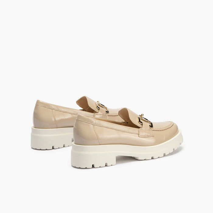 pitillos Mocasines de mujer en piel charol con adorno de estribo y tacón bloque BEIGE Rebajas baratas