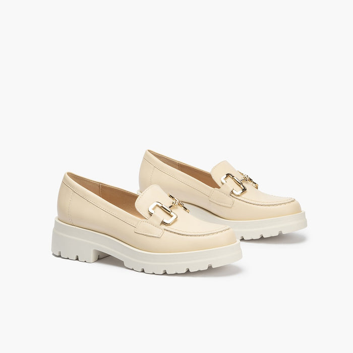 pitillos Mocasines de mujer en piel con adorno de estribo y tacón bloque CREMA Rebajas de fábrica