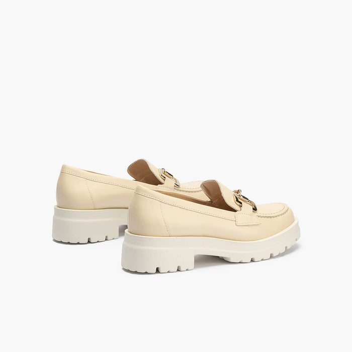 pitillos Mocasines de mujer en piel con adorno de estribo y tacón bloque CREMA Rebajas de fábrica