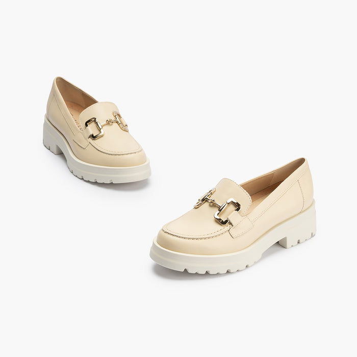 pitillos Mocasines de mujer en piel con adorno de estribo y tacón bloque CREMA Rebajas de fábrica