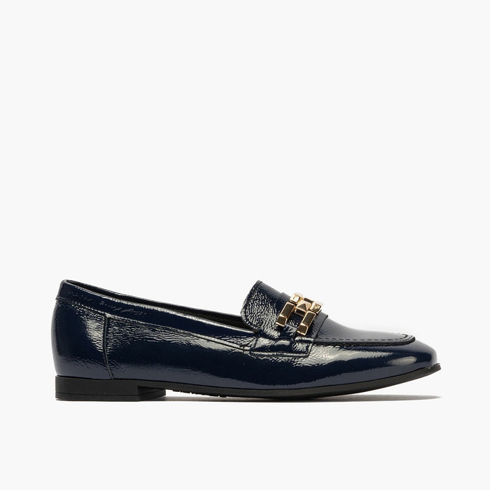 pitillos Mocasines de mujer en piel charol con adorno y tacón bajo AZUL Descuento