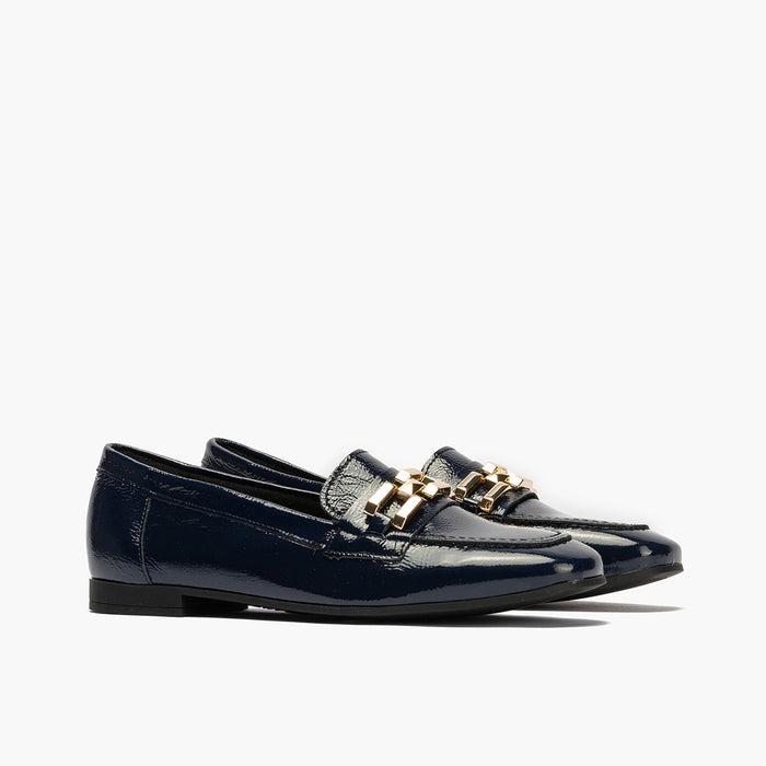 pitillos Mocasines de mujer en piel charol con adorno y tacón bajo AZUL Descuento