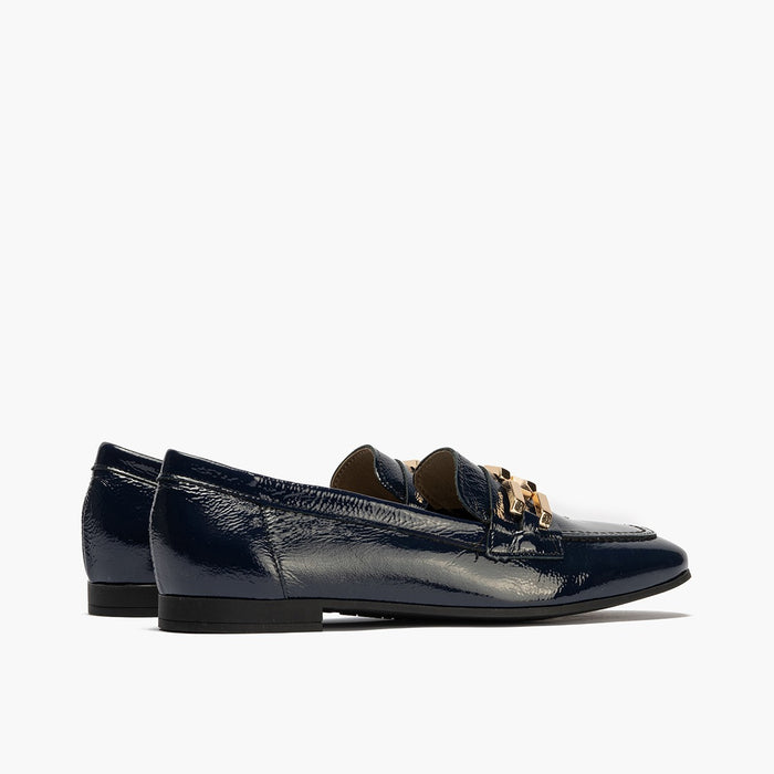 pitillos Mocasines de mujer en piel charol con adorno y tacón bajo AZUL Descuento
