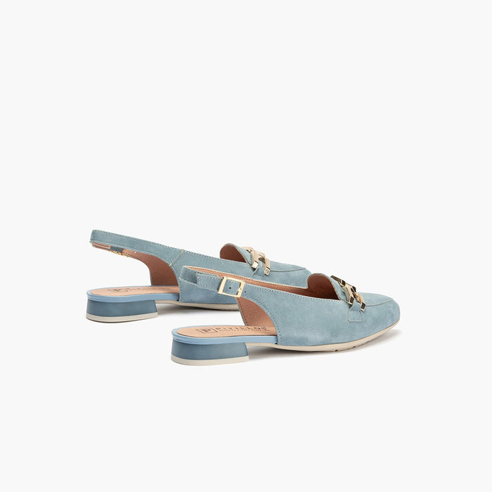 pitillos Mocasines de mujer destalonados en piel ante con adorno cadena metálica AZUL Tienda