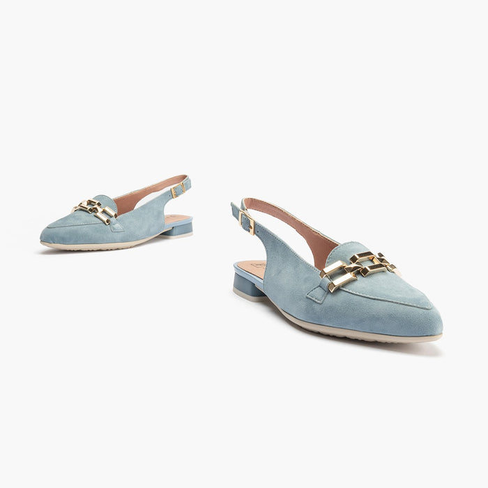 pitillos Mocasines de mujer destalonados en piel ante con adorno cadena metálica AZUL Tienda
