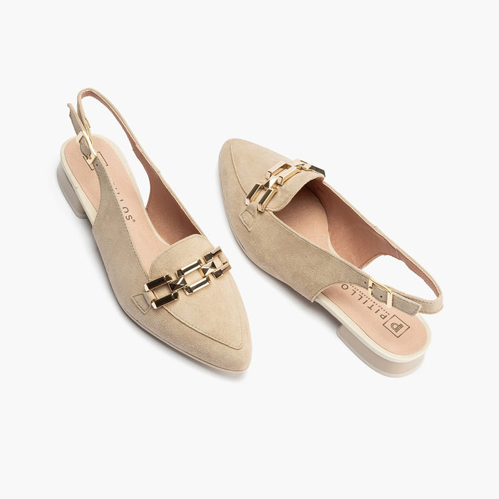 pitillos Mocasines de mujer destalonados en piel ante con adorno cadena metálica BEIGE Oferta especial