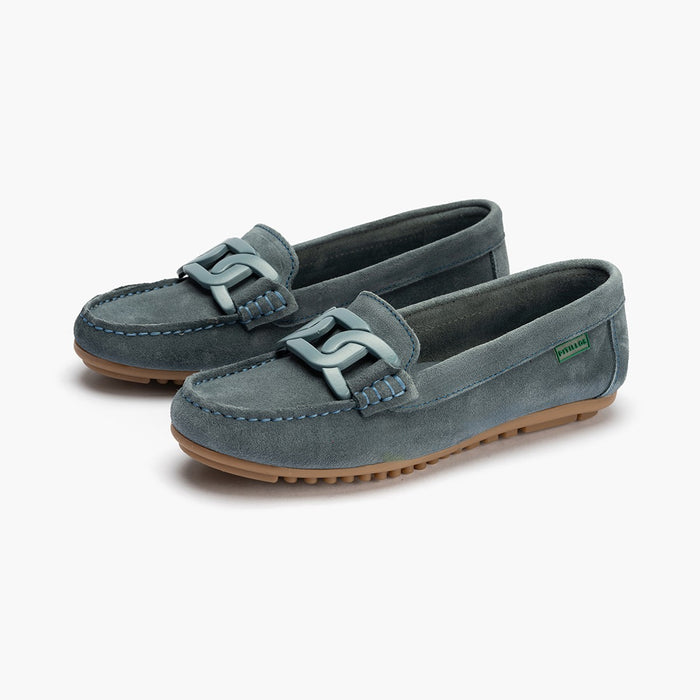 pitillos Mocasines de mujer en ante con adorno eslabón y suela de goma AZUL ÚLTIMAS EDICIONES