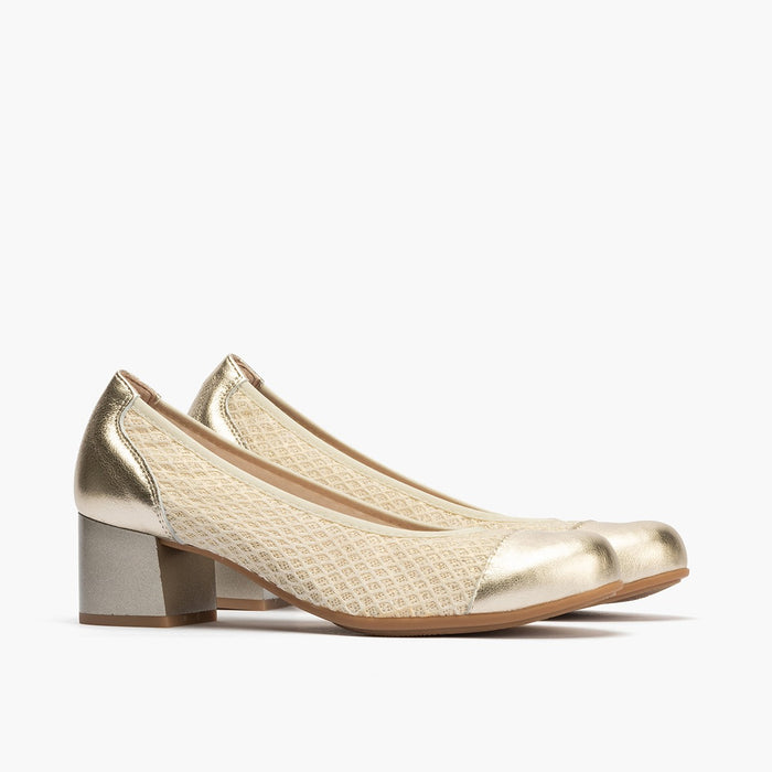 pitillos Zapatos de salón de mujer con piel combinada con textil con tacón medio DORADO Último día