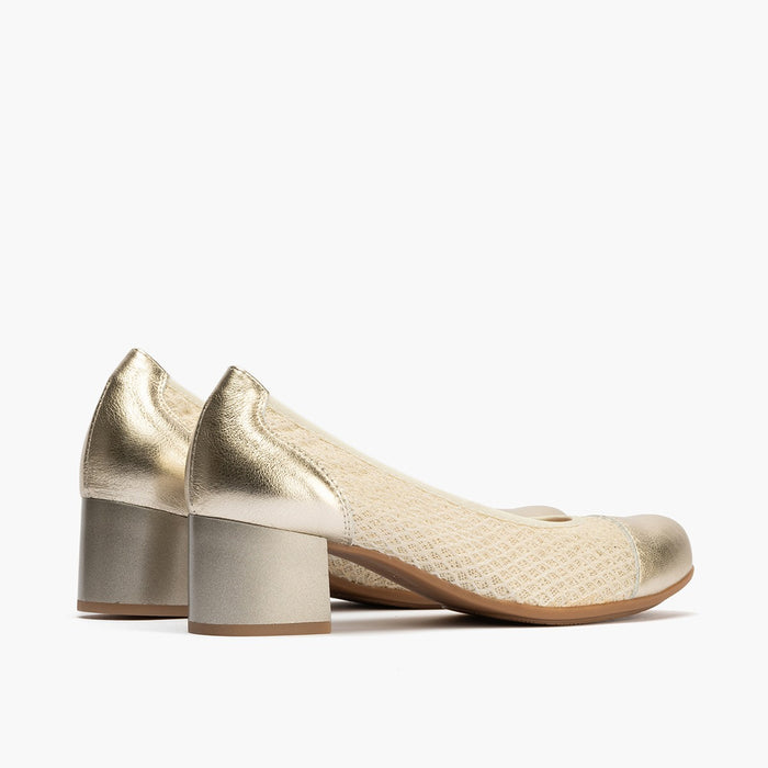 pitillos Zapatos de salón de mujer con piel combinada con textil con tacón medio DORADO Último día