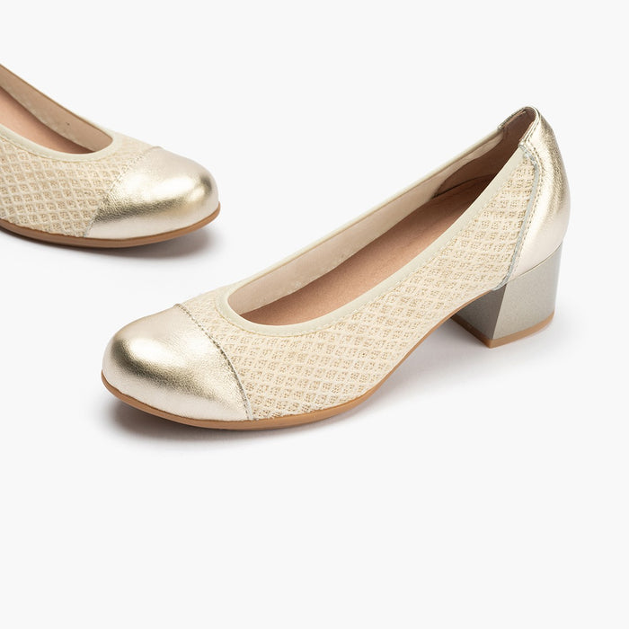 pitillos Zapatos de salón de mujer con piel combinada con textil con tacón medio DORADO Último día