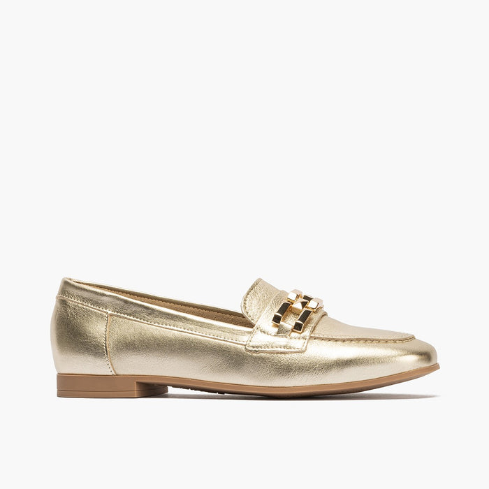 pitillos Mocasines de mujer en piel laminada con adorno y tacón bajo DORADO Promoción por tiempo limitado