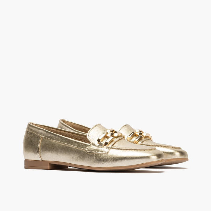 pitillos Mocasines de mujer en piel laminada con adorno y tacón bajo DORADO Promoción por tiempo limitado