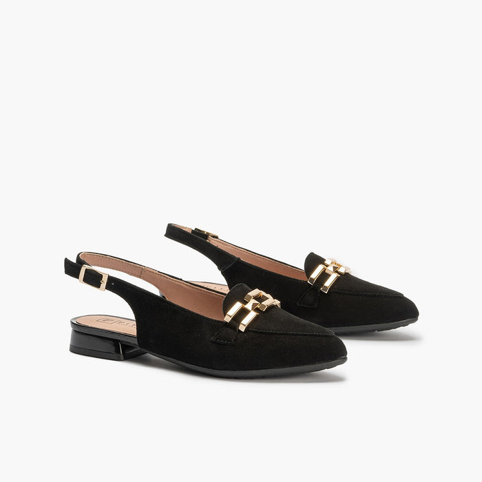 pitillos Mocasines de mujer destalonados en piel ante con adorno cadena metálica NEGRO Ofertas