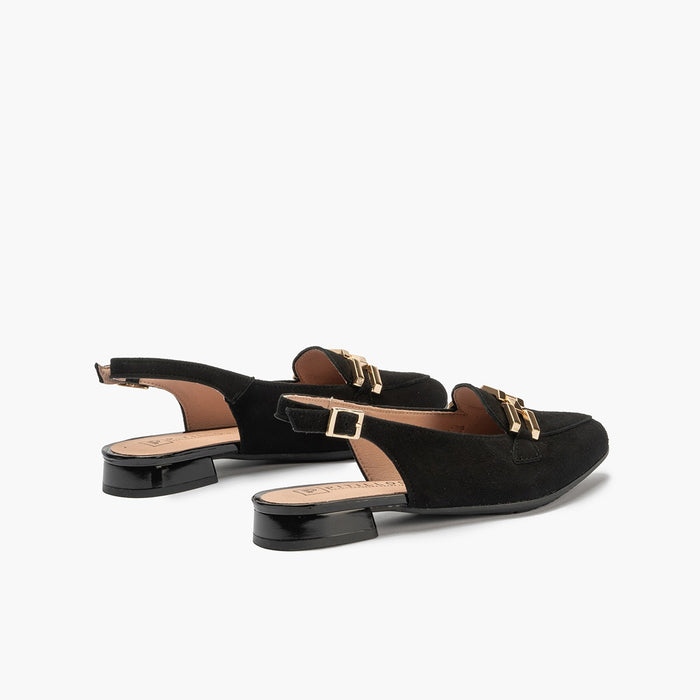 pitillos Mocasines de mujer destalonados en piel ante con adorno cadena metálica NEGRO Ofertas