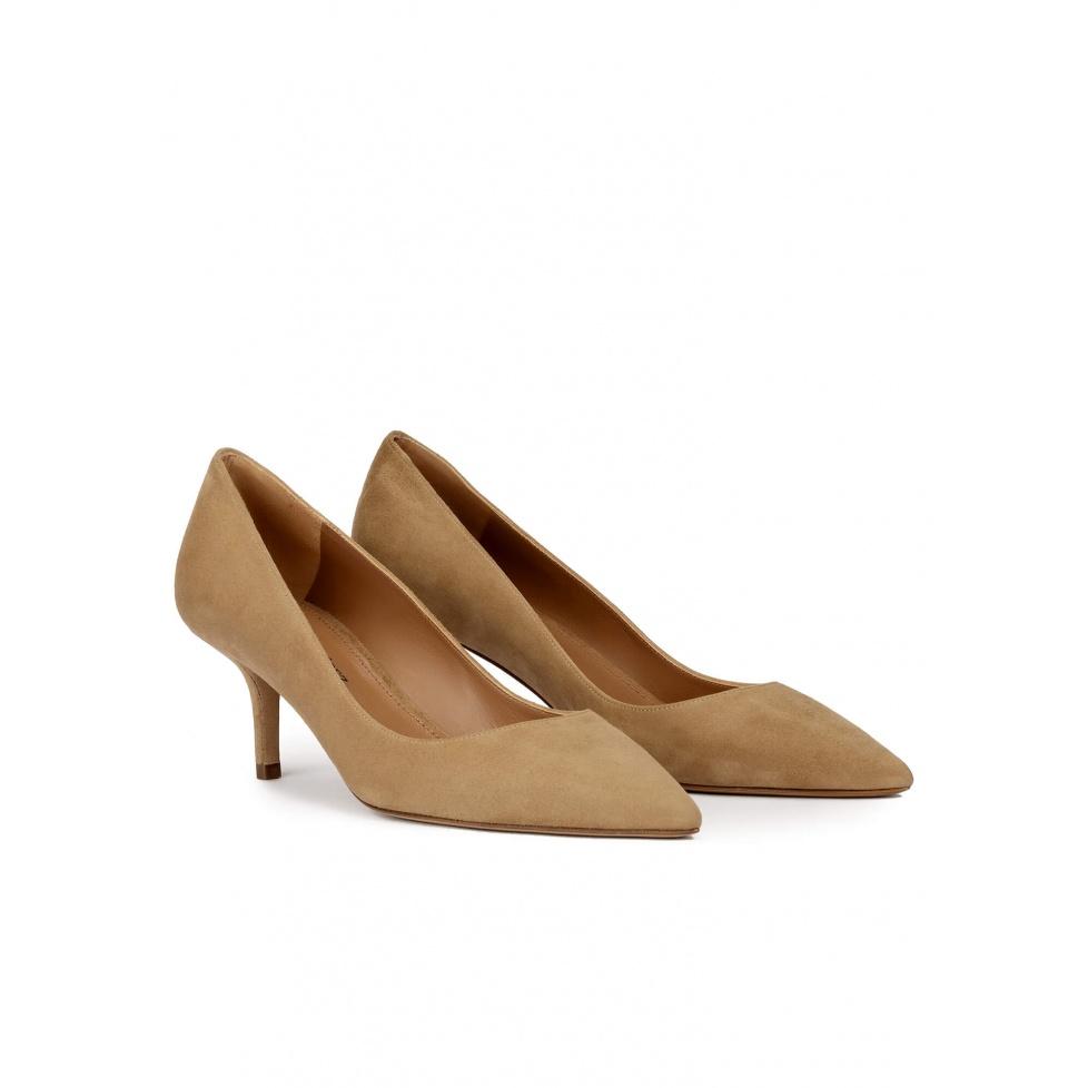 pura lópez Zapatos de tacón medio y punta fina en ante camel Oferta especial de fábrica