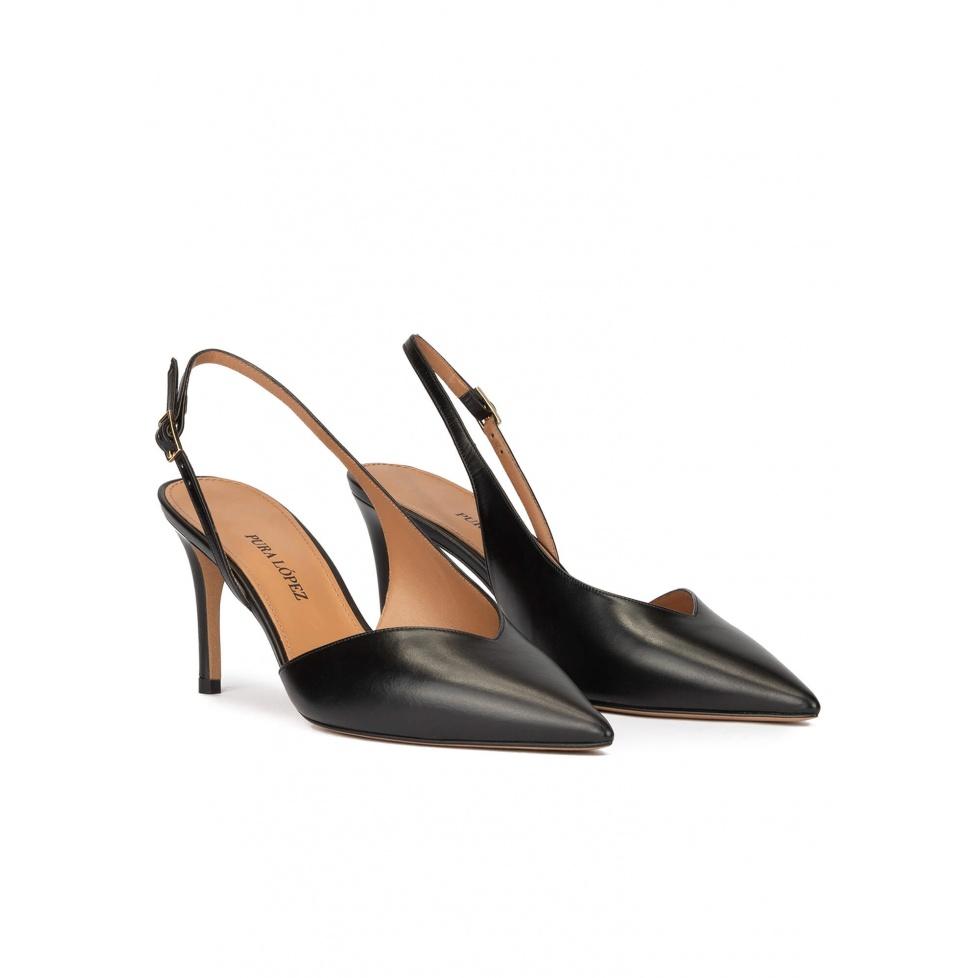 pura lópez Zapatos destalonados de tacón medio y punta fina en piel color negro Oferta especial de fábrica