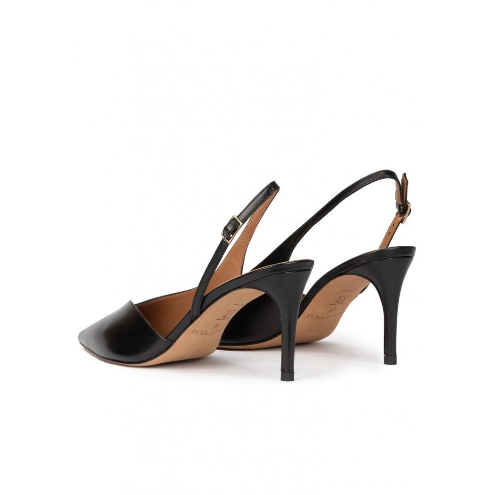 pura lópez Zapatos destalonados de tacón medio y punta fina en piel color negro Oferta especial de fábrica