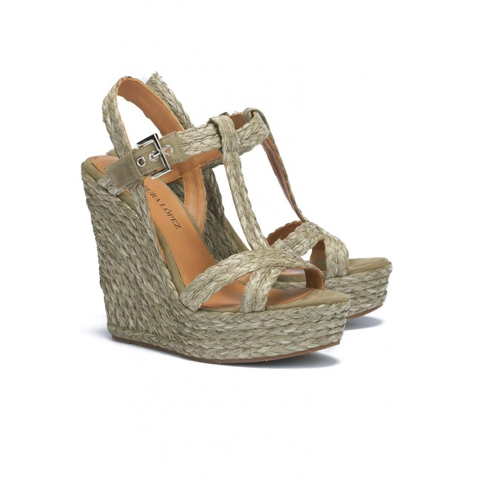 pura lópez Sandalias de cuña en rafia verde caqui Rebajas top