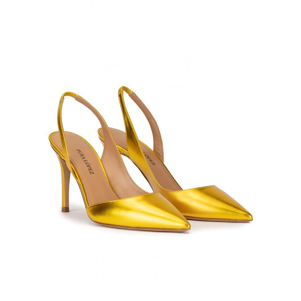 pura lópez Zapatos amarillos de tacón alto y punta fina en piel metalizada Tienda