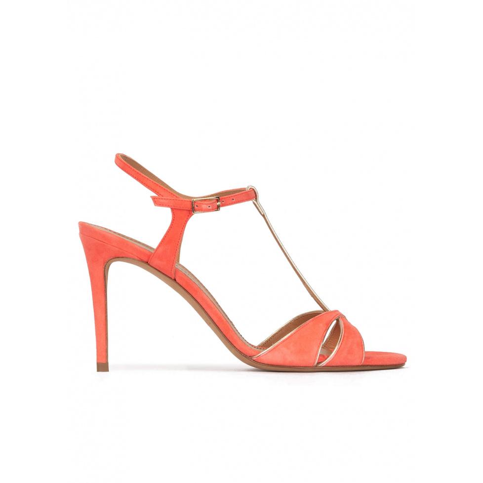 pura lópez Sandalias con tira en T de tacón alto en ante rosa coral Oferta especial de fábrica