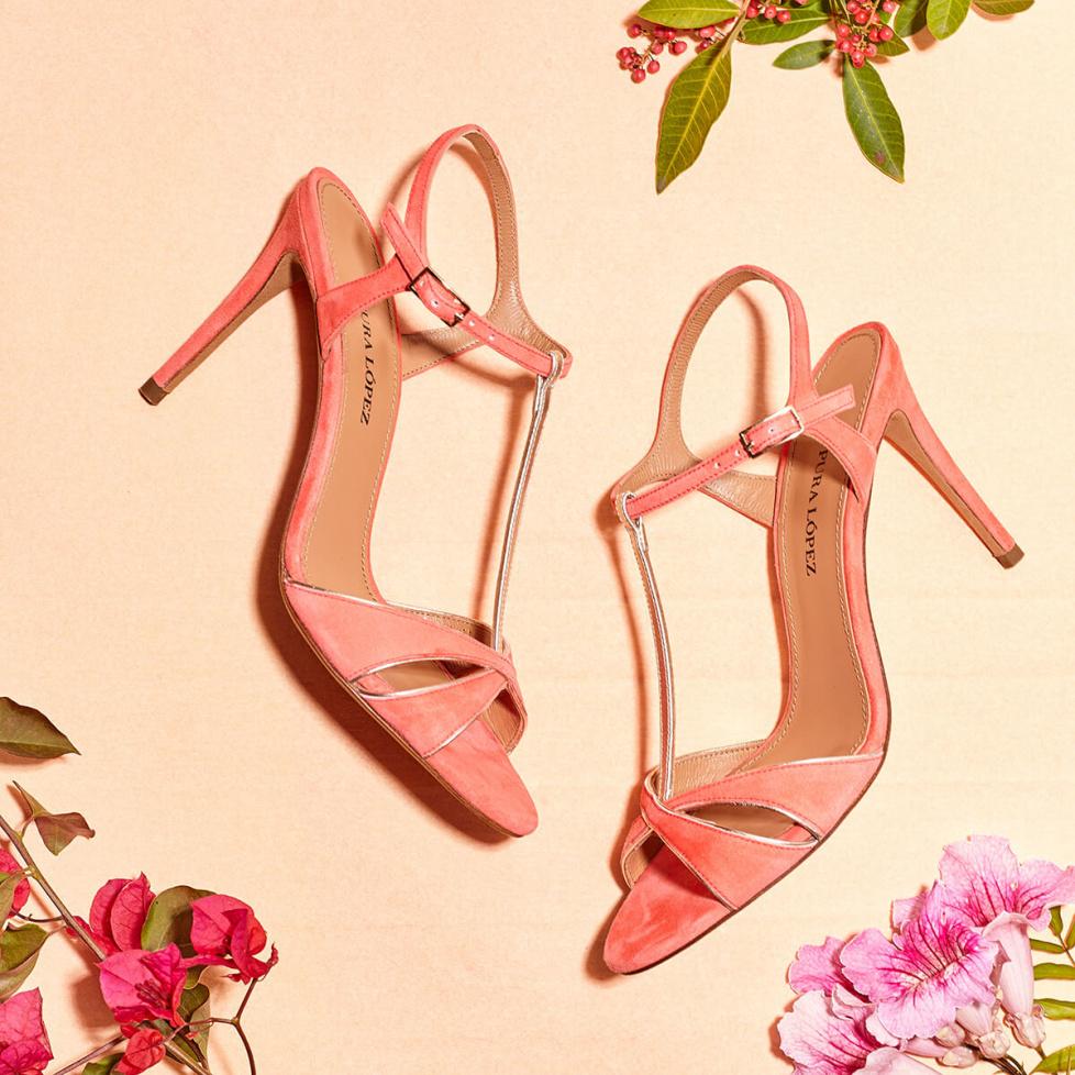 pura lópez Sandalias con tira en T de tacón alto en ante rosa coral Oferta especial de fábrica