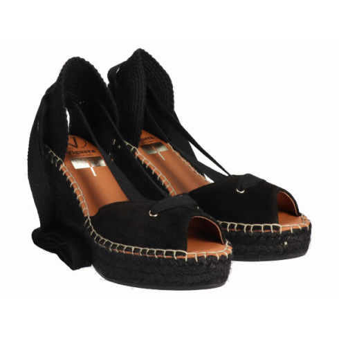 viguera Alpargata Peep Toes Cuña Yute Negro Cintas Precio ultrabajo