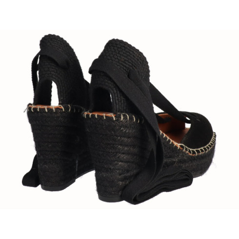 viguera Alpargata Peep Toes Cuña Yute Negro Cintas Precio ultrabajo