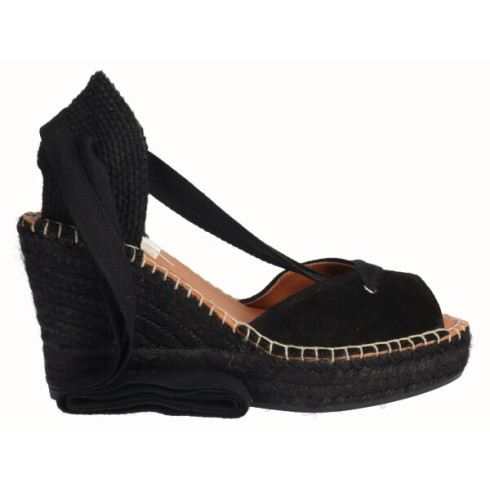 viguera Alpargata Peep Toes Cuña Yute Negro Cintas Precio ultrabajo