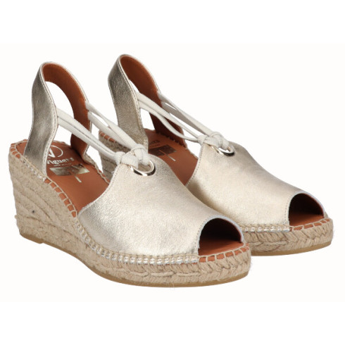 viguera Alpargata Peep Toes Cuña Media Yute Oro con Elásticos Descuentos del mes